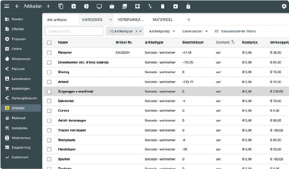 Overzicht van artikelen in een bedrijfssoftware-interface voor abonnementenbeheer