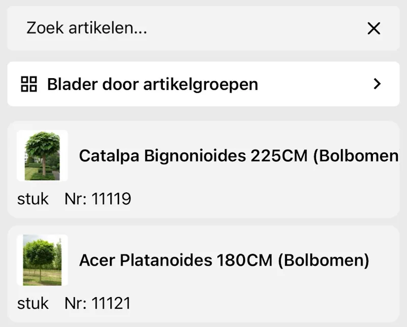 Workshaker app: artikelen zoeken en toevoegen vanuit artikelgroepen