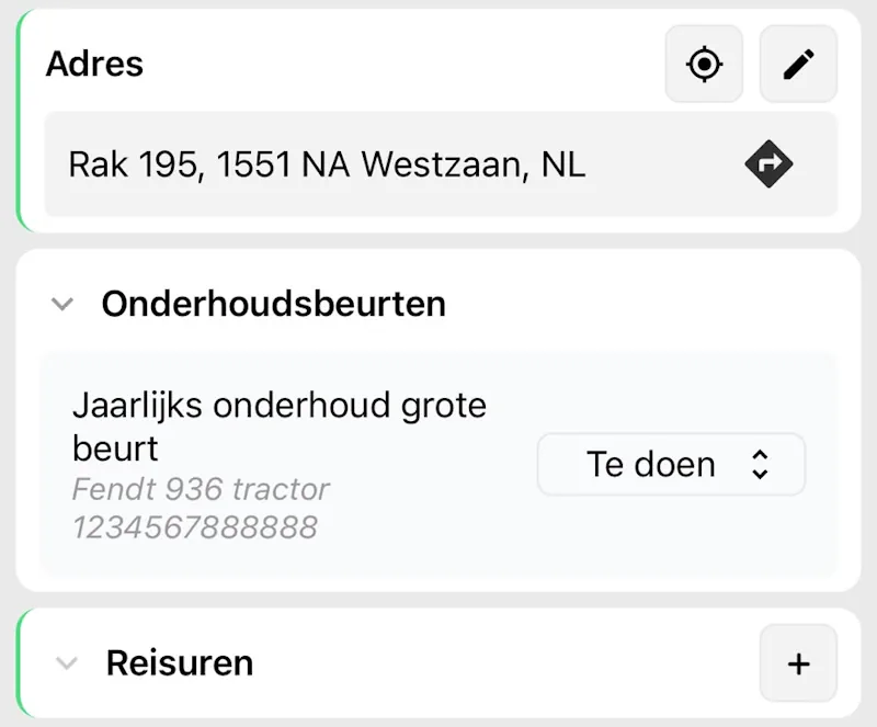Workshaker app: adres en onderhoudsbeurten van een installatie