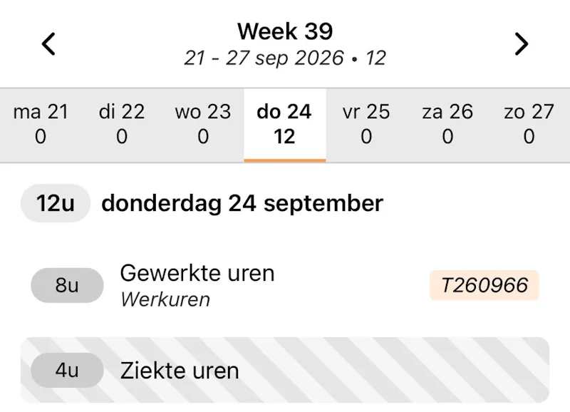 Workshaker app: weekoverzicht met gewerkte uren en ziekte-uren