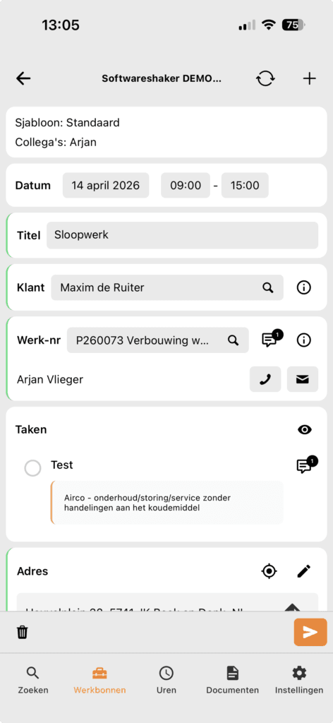 Geopende werkbon voor sloopwerk in de werkbon app, met datum, klant, werknummer en taken