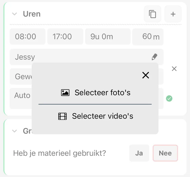 Werkbon app met opties om foto's en video's toe te voegen aan een digitale werkbon