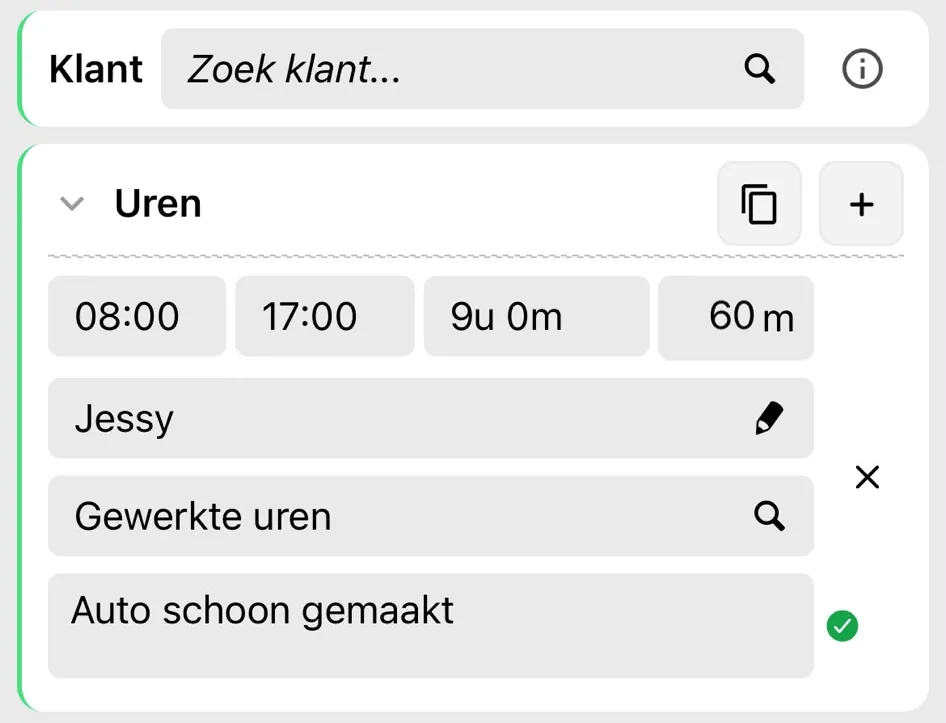 Werkbon app met registratie van uren, artikelen en opmerkingen.