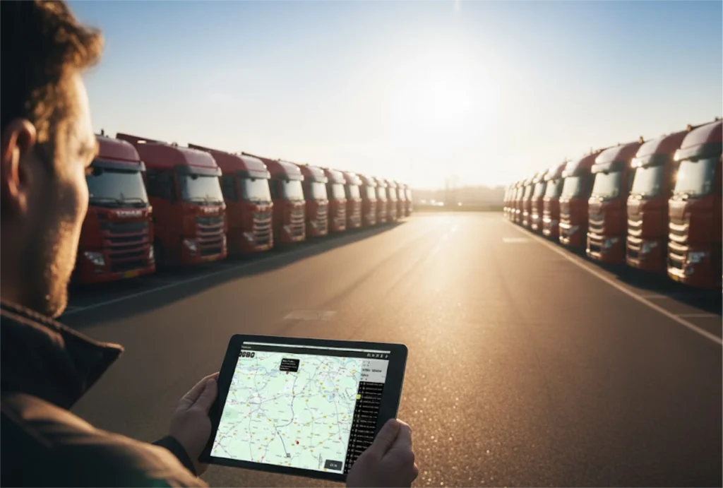 Alarmen en diefstalopvolging van vrachtwagens met een kaartweergave op een tablet