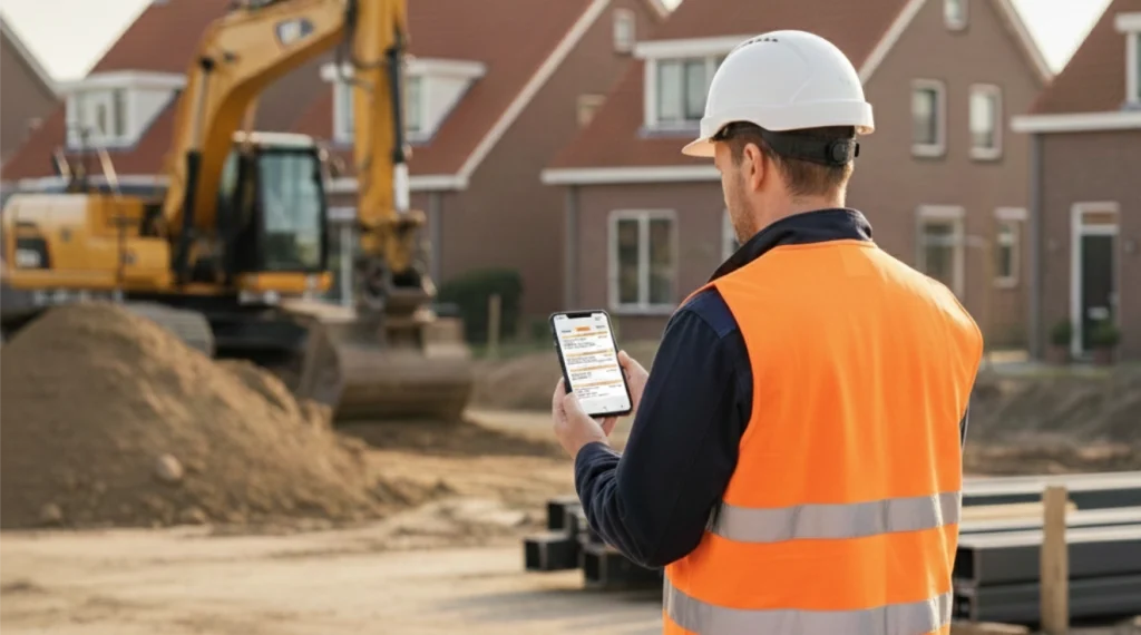 Projectleider op bouwplaats raadpleegt digitale software voor voortgangscontrole