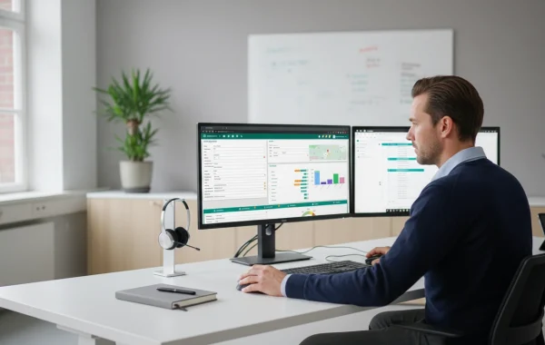 Planner werkt achter computer op kantoor