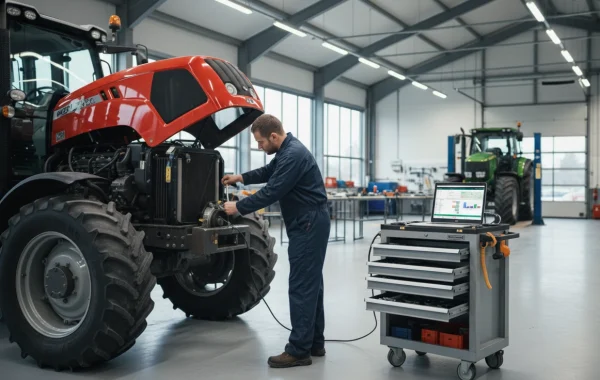 Tractor in werkplaats, digitalisering van mechanisatieprocessen via software