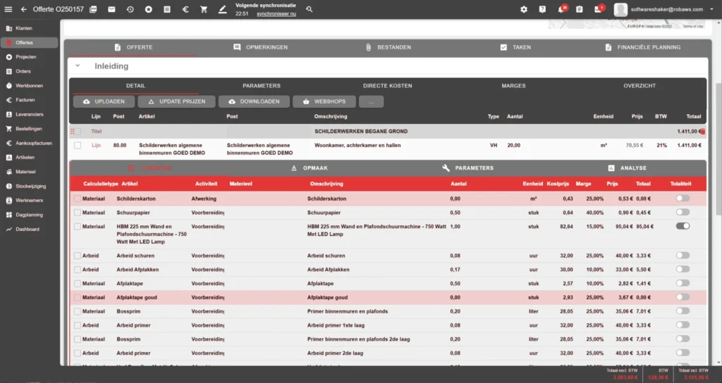 Software voor schilders met een calculatieoverzicht van materialen, arbeidsuren en projectkosten