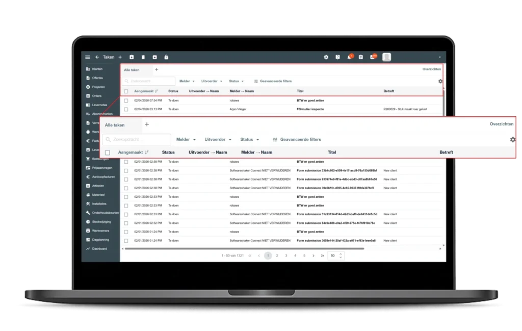 Digitale checklist en taken op werkbon dashboard