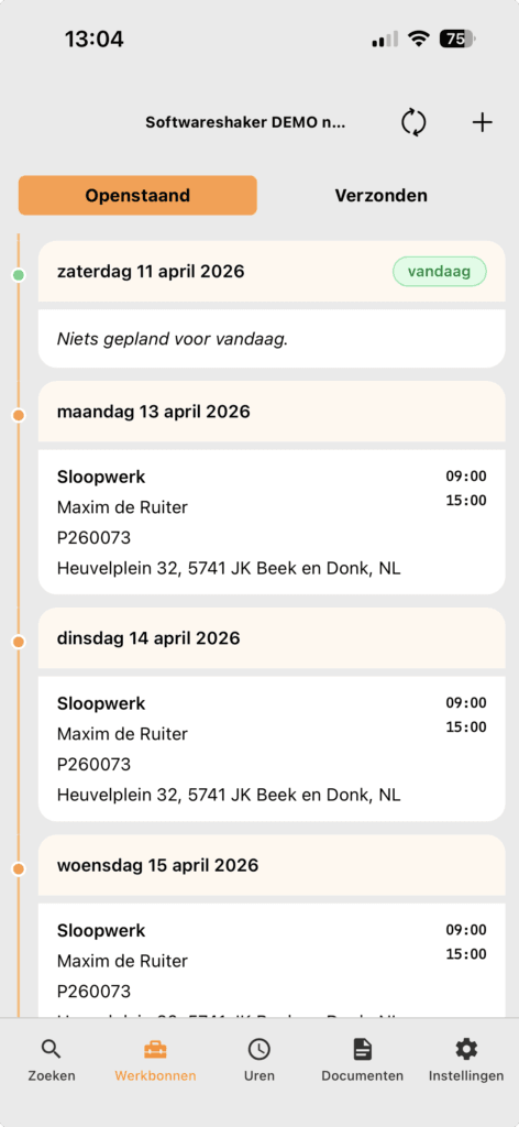 Werkbonplanning voor dakdekkers met geplande sloopwerkzaamheden in een mobiele app.
