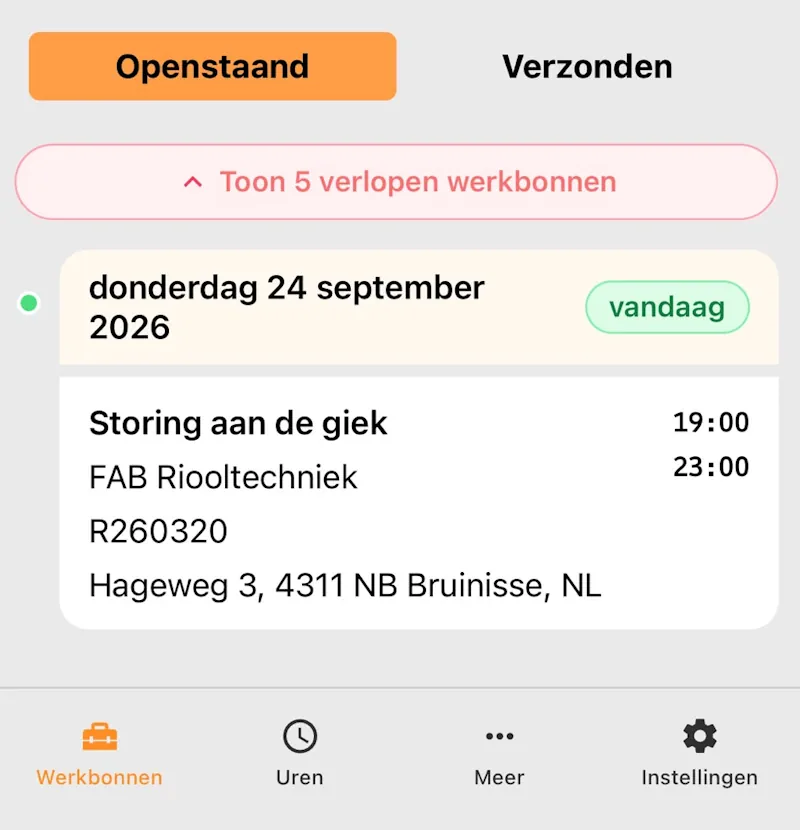 Werkbon app met geplande werkbonnen, werktijden en adressen voor de buitendienst.