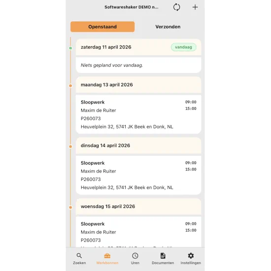 Werkbon app met geplande werkbonnen, werktijden en adressen voor de buitendienst.