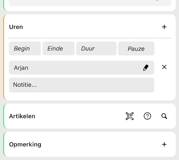 Werkbon app met registratie van uren, artikelen en opmerkingen.