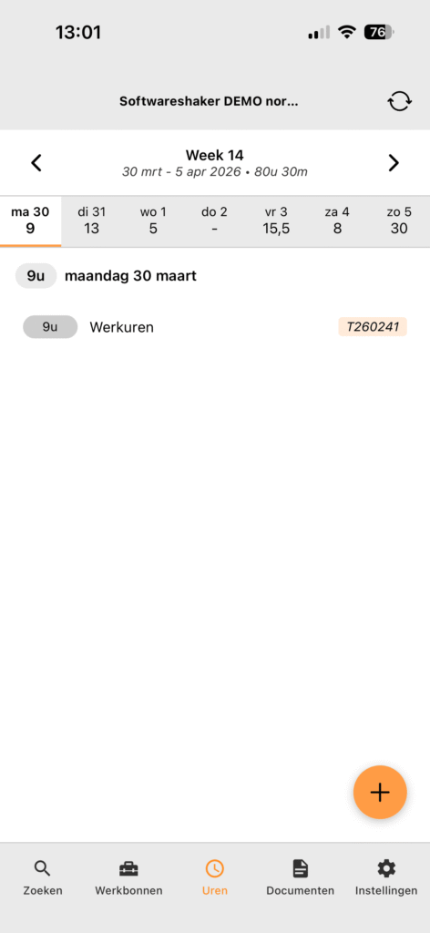 Werkbon app met urenoverzicht voor maandag 30 maart en een geregistreerde werktijd van 9 uur.