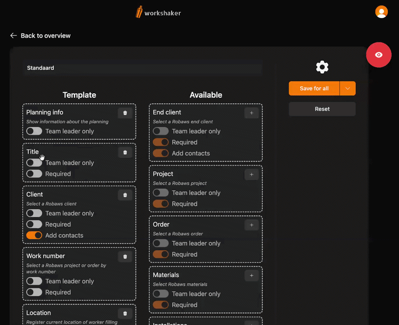 Werkbon app instellingen scherm met sleepbare velden en toggles voor template en beschikbare velden