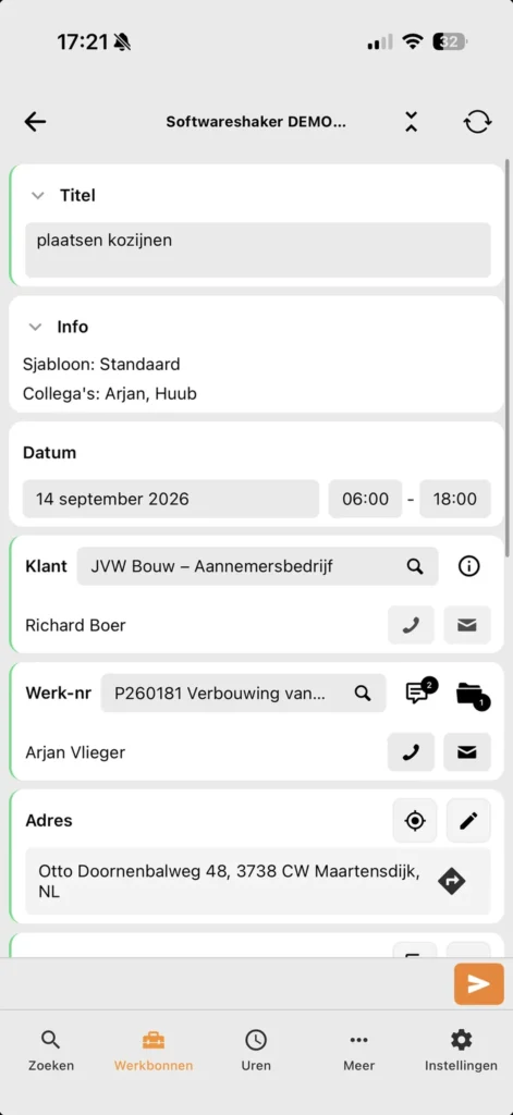 Workshaker planning en werkbondetails op een telefoon