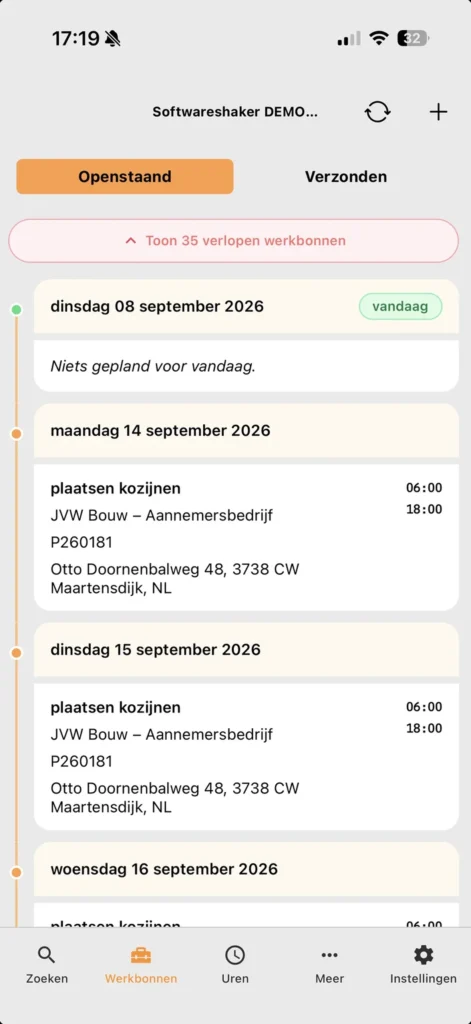 Werkbon app: openstaande werkbonnen per dag op de telefoon van de schilder