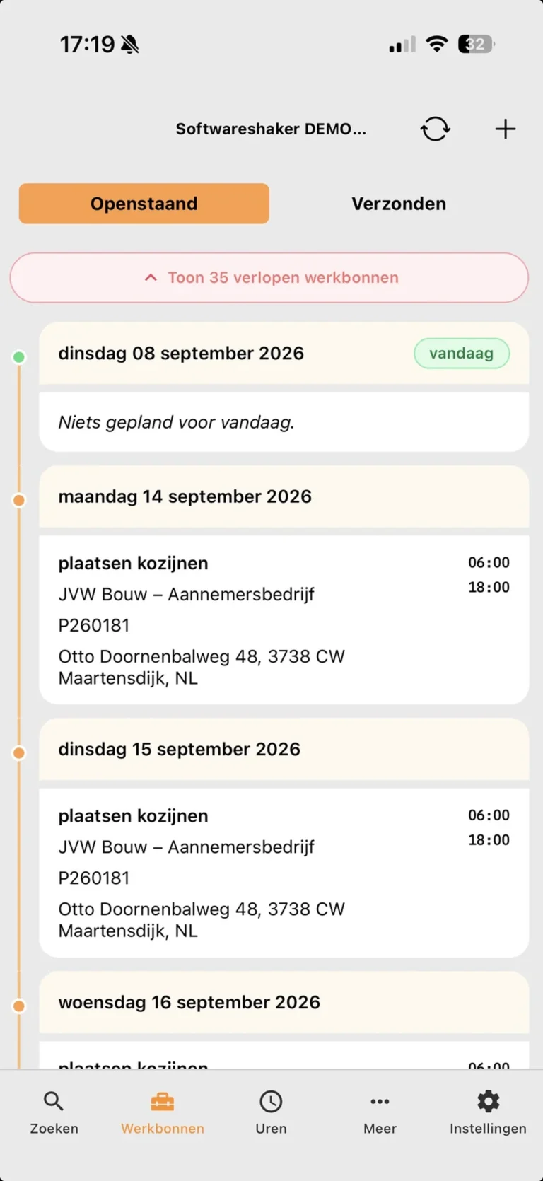 Werkbon app: openstaande werkbonnen per dag op de telefoon van de schilder