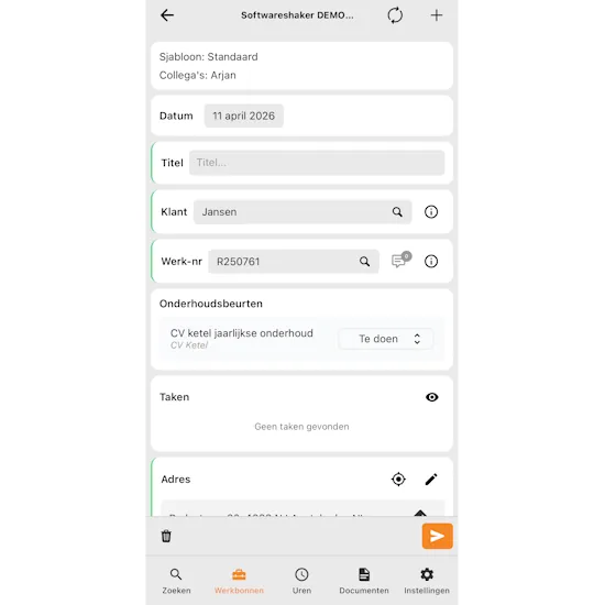 Werkbon app met formulier voor klant, werknummer, onderhoudsbeurt, taken en adres.
