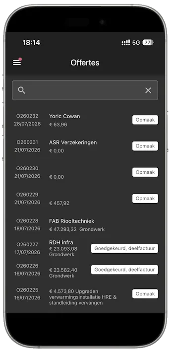 Offertes bekijken in de Robaws app op een smartphone
