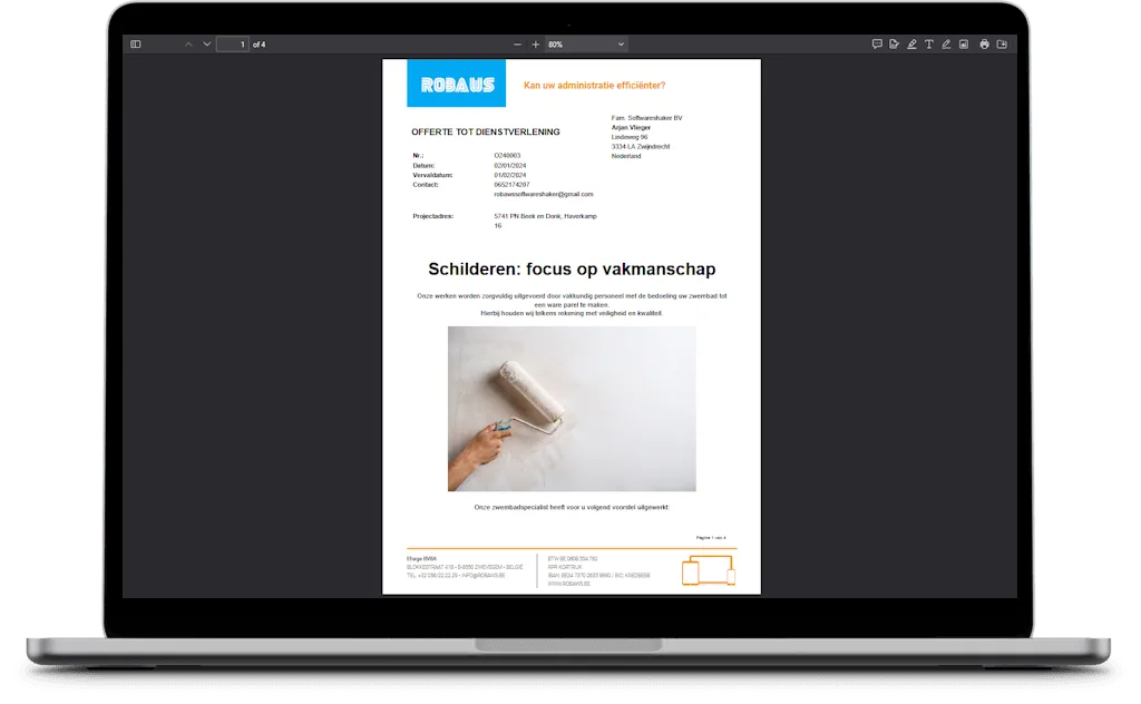 Offerte in eigen huisstijl met logo en foto, gemaakt in Robaws