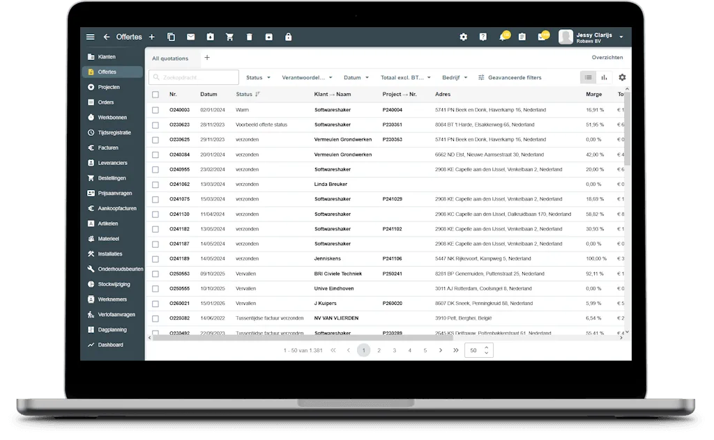 Offertemodule in Robaws: overzicht van alle offertes met status en bedrag