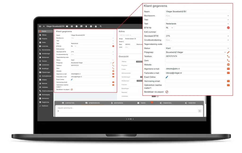 Detailoverzicht van klantgegevens en contactpersonen