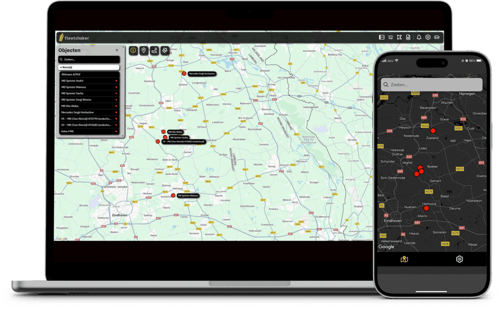 Kaart met gemarkeerde locaties en alarmmeldingen in een fleetmanagementsysteem op laptop en smartphone.