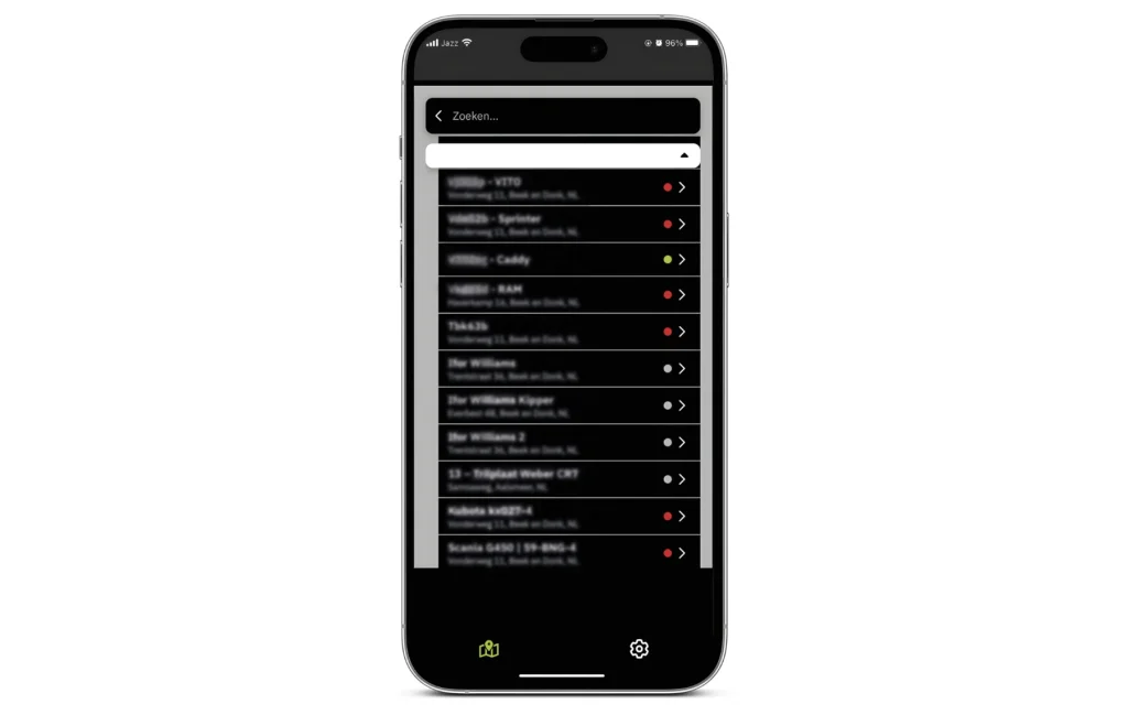 Mobiele app met een overzicht van materieel en objecten.