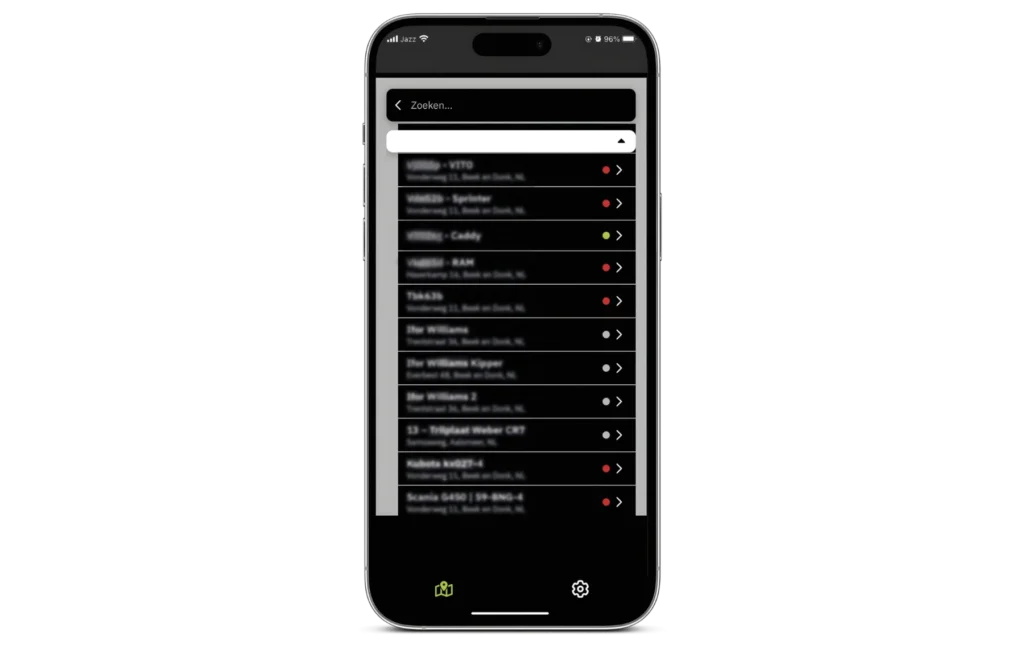 Mobiele app met een overzicht van materieel en objecten.