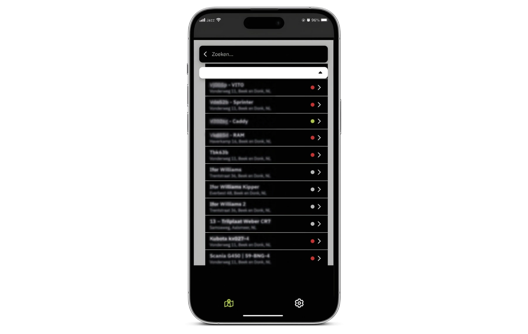Mobiele app met een overzicht van materieel en objecten.