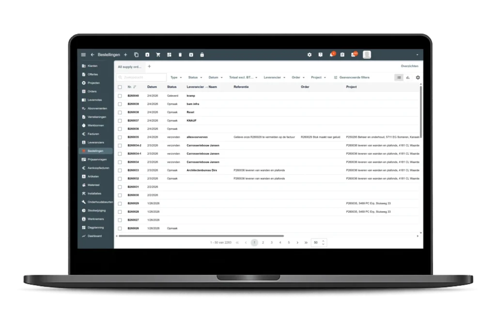 Dashboard voor bestellingen en leveringen per project