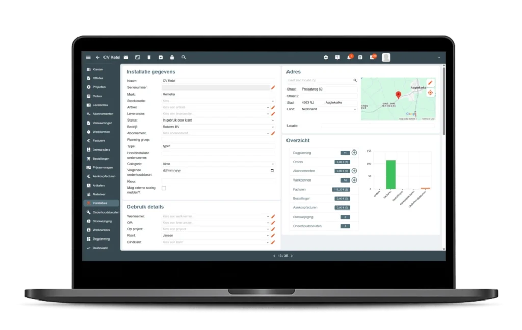 Dashboard met installatiegegevens