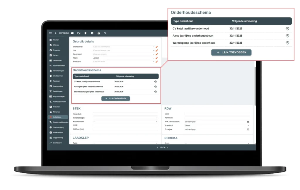 Dashboard met werkorders en onderhoudsplannen