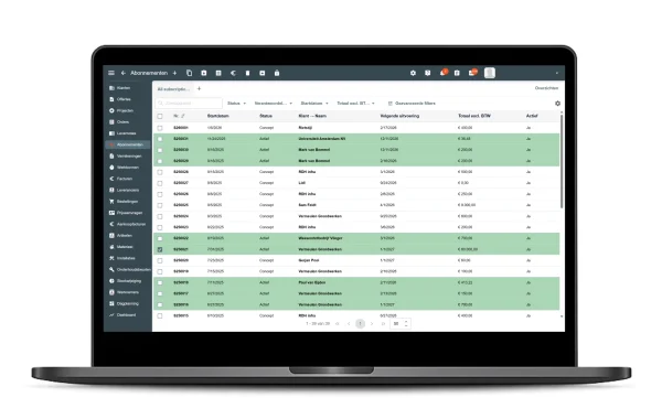 Dashboard met abonnementen en servicecontracten