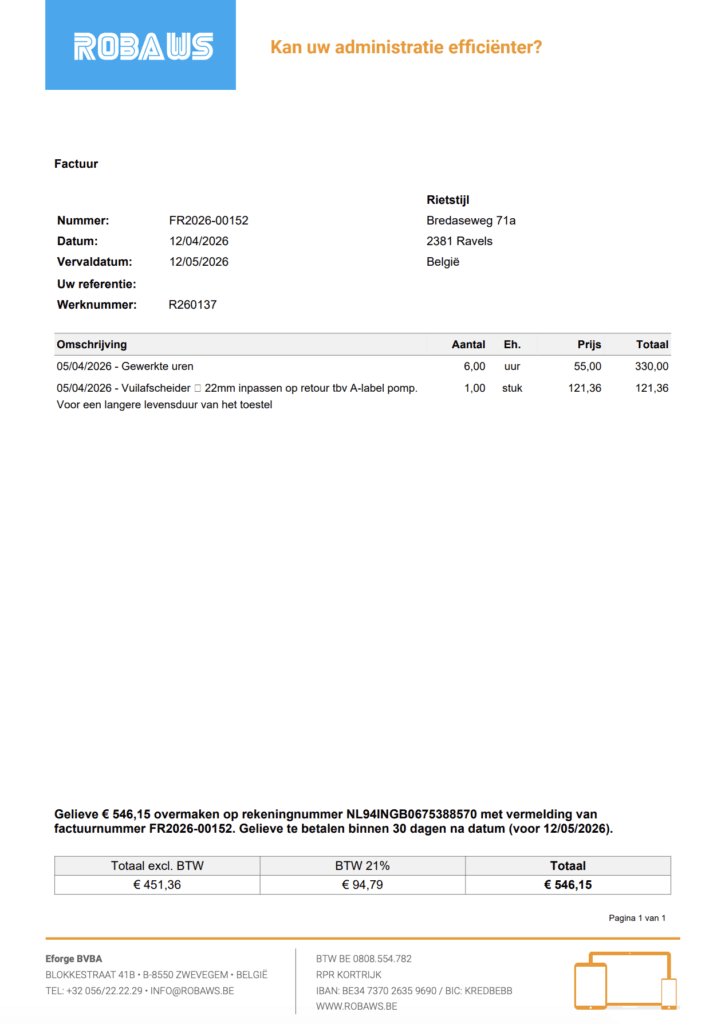 Robaws factuursjabloon voor betonboor en zaagbedrijven met factuurregels en totaalbedrag