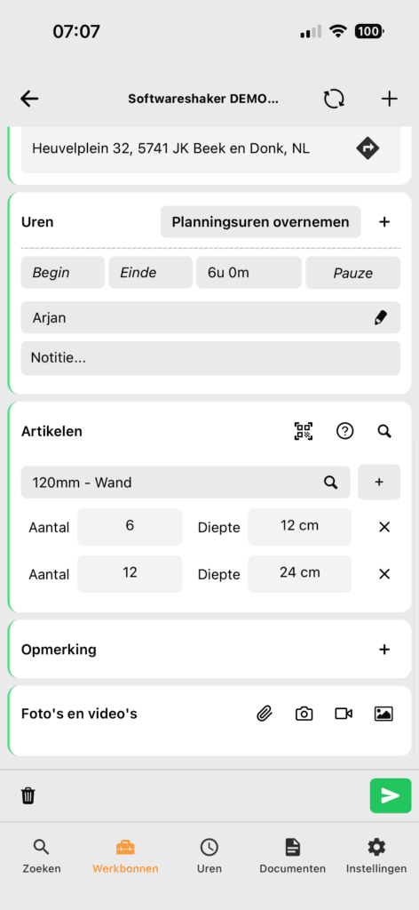 Workshaker werkbon app invoerscherm met uren, artikelen en foto's voor betonboring