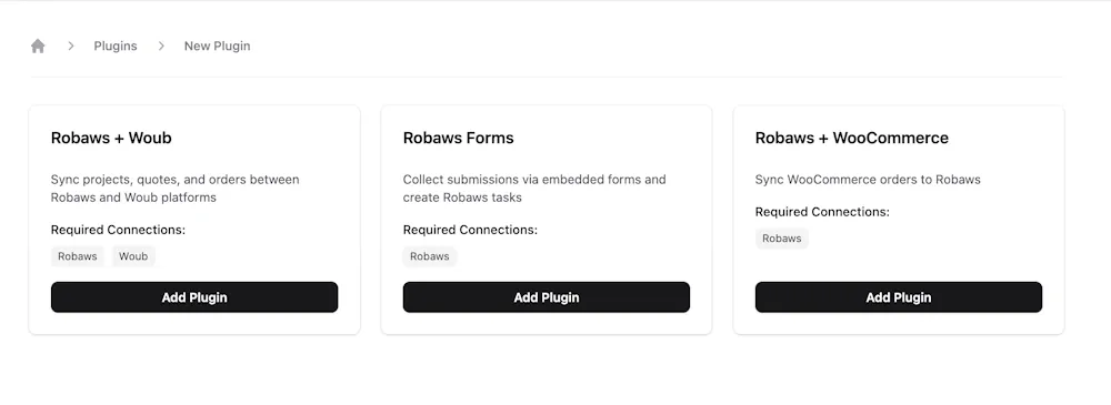 Drie Connectplatform plug-ins voor Robaws-integraties met 'Add Plugin' knoppen
