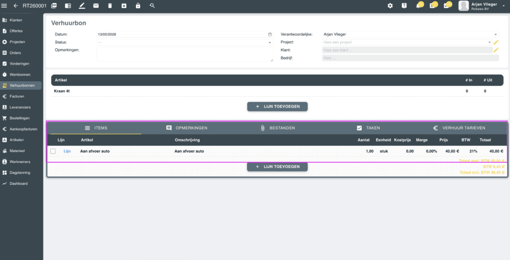Verhuurbon interface met regelitems en totaalprijzen voor containerverhuur