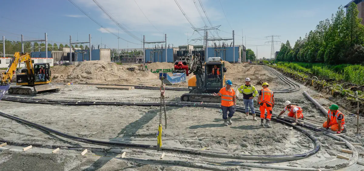 Werklui leggen kabels op bouwlocatie, infrawerk als illustratie bij ERP software voor de bouw