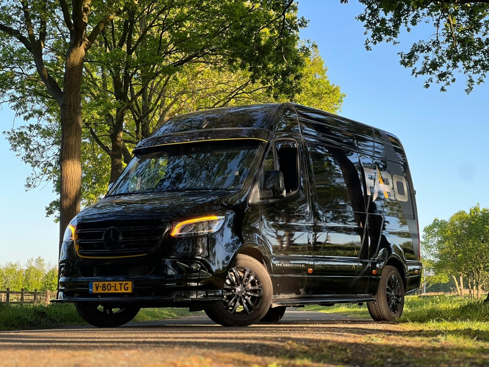 Zwarte bestelbus met FARO-opdruk geparkeerd bij bomen