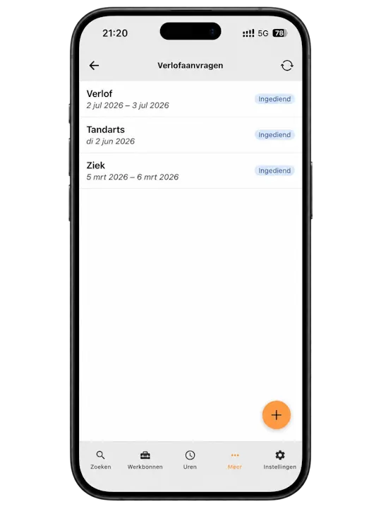 Mobiel overzicht van ingediende verlof-, tandarts- en ziekmeldingen