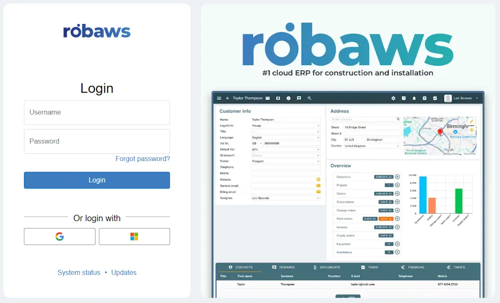 Robaws login scherm