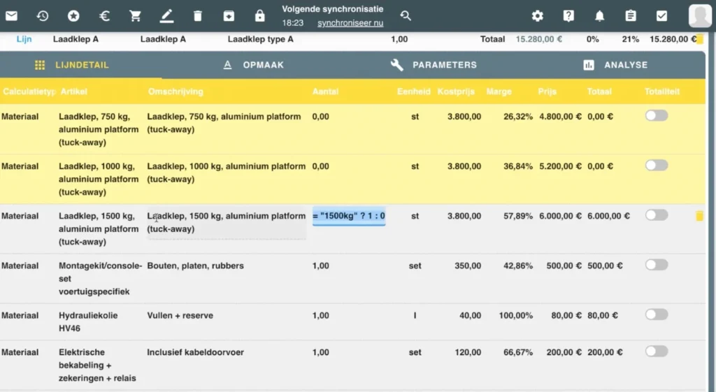 Robaws-calculatie voor een laadklep met materiaalregels, marges en een parameter voor het gewicht