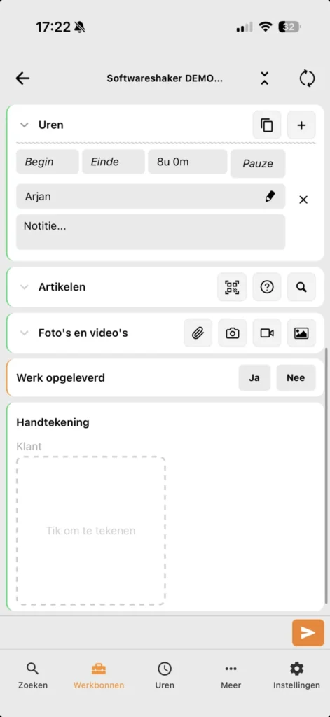 Werkbon in de Workshaker app met uren, artikelen, foto's en video's, werk opgeleverd en een handtekeningveld voor de klant