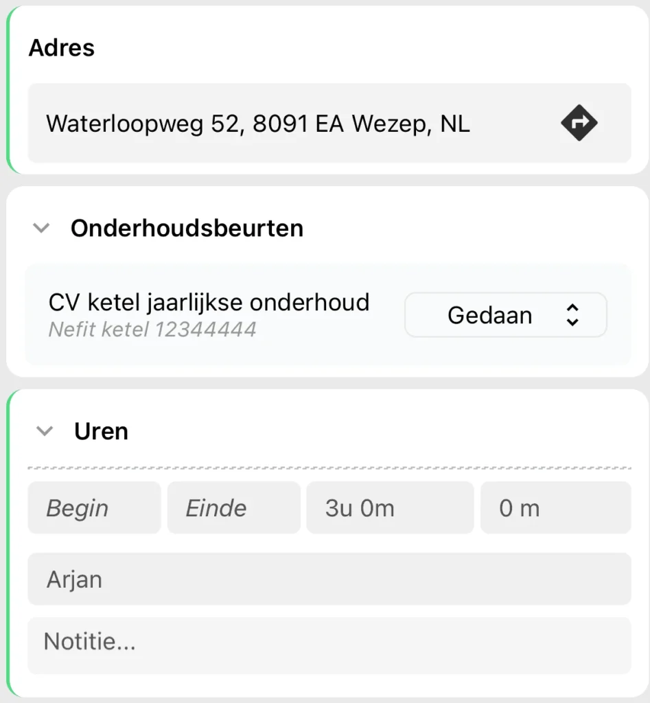 Werkbon app met het adres, een cv-onderhoudsbeurt op gedaan en de uren van de monteur