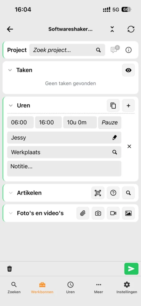 Uren registreren op een werkbon in de Workshaker app, met begin- en eindtijd en werkplaats